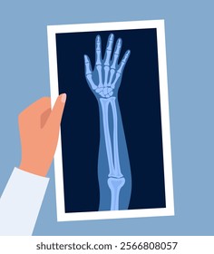 X ray human hand. Body bone roentgen front view. Medical anatomy. Arm checking healthcare joint palm finger exam. Roentgen shot in doctors hand. Vector illustration