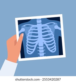 X ray of human skeleton chest and pelvis human bones. Roentgen shot in doctors hand. Medical analyzing. Anatomical bone medicine laboratory radial scan. Vector