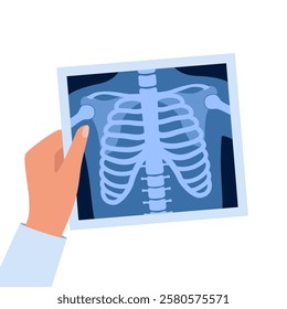 X ray of human skeleton chest and pelvis human bones. Roentgen shot in doctors hand. Medical analyzing. Anatomical bone medicine laboratory radial scan. Vector