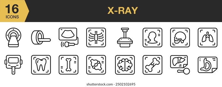 Conjunto de iconos de rayos X. Incluye rayos de hueso, glucómetro, escáner de resonancia magnética, ultrasonido, radiología, rayos X cerebrales y más. Colección de Vector de iconos de contorno.