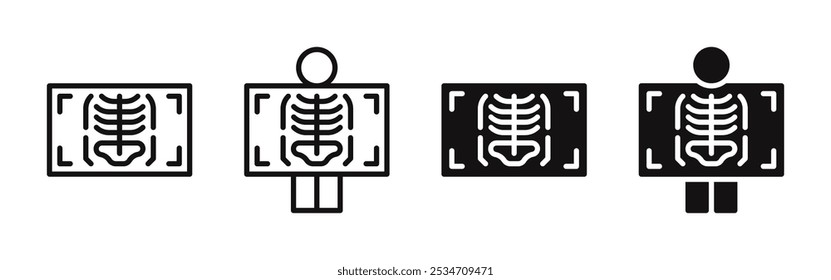 Conjunto de ícones de raio X. Vista esqueleto na máquina de raio-x. Estilo preenchido e com contorno. Ilustração vetorial.