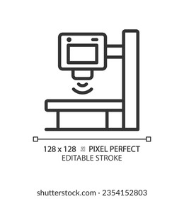 Icono lineal perfecto del píxel de la máquina de rayos X. Examen físico. Imágenes diagnósticas. Exploración radiológica. Revisen. Ilustración de línea delgada. Símbolo de contorno. Dibujo del contorno del vector. Trazo editable