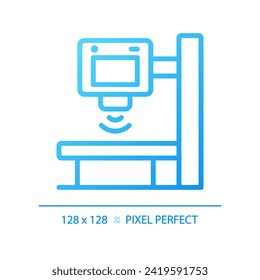 Icono de vector lineal de gradiente perfecto para píxel de máquina de rayos X. Examen físico. Imágenes diagnósticas. Exploración radiológica. Símbolo de color de línea delgada. Pictograma de estilo moderno. Dibujo de contorno aislado del vector