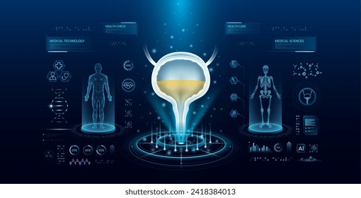 X ray and MRT human body examination. Bladder health care technology with scan virtual interface hologram style. Medical diagnostic with HUD. Analysis in futuristic laboratory. Vector EPS10.