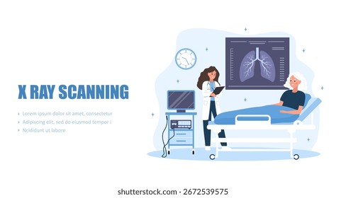 Concepto de escaneo de rayos X. Cuidado pulmonar y diagnóstico médico. Médico femenino examina la fluorografía. Ilustración vectorial plana.