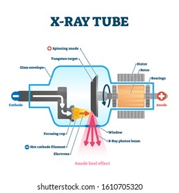 X ray tube vector illustration. Radiology scan equipment structural scheme. Healthcare method for transparent body, luggage or CT. Inside parts and process explanation with cathode and anode method.