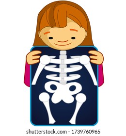 X Ray, Röntgen. Xray Shows The Breast, Ribs, Spine, And Pelvis Bones. Cartoon Body X-ray Of Child Girl Character. Dark Roentgen Film. Medical Educational Drawing.  Biology Illustration Vector