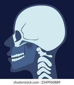 Rayos X Imagen con hueso. Radiografía del cráneo. Concepto de cerebro de resonancia magnética. Diagnóstico y tratamiento. Salud y medicina. Anatomía humana. Ilustración vectorial plana aislada sobre fondo azul