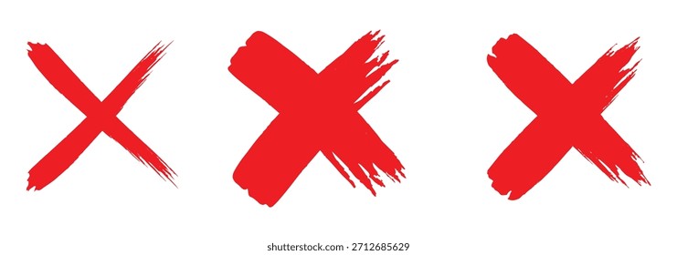 Un conjunto de marcas de cruz roja esbozo grunge. Dibujado a mano cruzado Tachar a través de trazos de pincel texturizados. Símbolos de punto de mira líneas dibujadas a mano de carbón o marcadores salpicaduras de tinta negra. colección de Ilustración vectorial. 