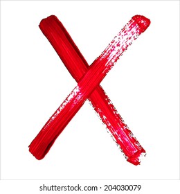 X - Red Handwritten Letter On White  Background. Acrylic Colors.  Vector Illustration. 