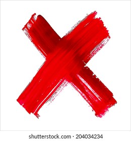 X - Red handwritten letter on  white background. Acrylic  colors.  Vector Illustration. 