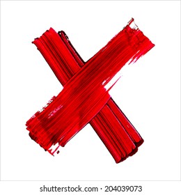X - Red handwritten letter on  white background. Acrylic  colors.  Vector Illustration. 