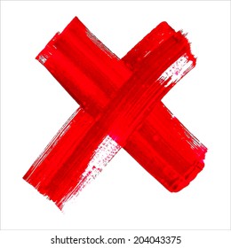 X - Red handwritten letter on  white background. Acrylic  colors.  Vector Illustration. 