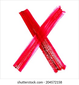 X - Red handwritten letter on white background. Acrylic colors.  Vector Illustration.