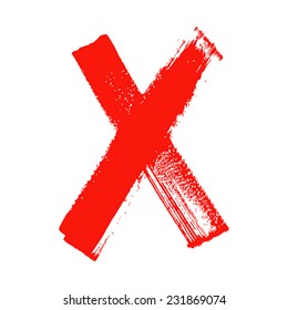 X - Red handwritten letter on white background. 
Acrylic colors. 
Vector Illustration. 