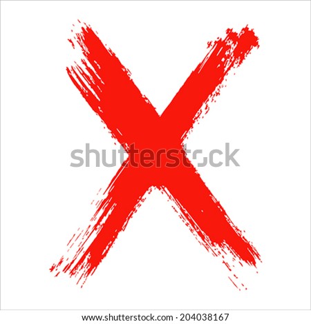 X - Red handwritten letter on  white background. Acrylic  colors.  Vector Illustration.