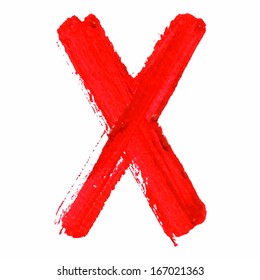 X - Red handwritten  letters on white  background. Acrylic  colors.  Vector Illustration.
