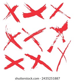 X red mark set in grunge style. Hand drawn crossed brush strokes. Crosshairs symbols in brush style with black ink splashes. Cross sign graphic symbol. Vector X mark set, grunge graphic collection
