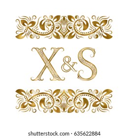 X and S initials vintage logo. The letters surrounded by ornamental elements. Wedding or business partners monogram in royal style.