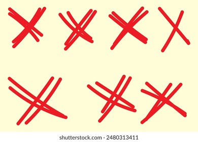 X scribble cross marks in black ink. Vector set of grunge error or cancellation symbols. Isolated rough, brush strokes, incorrect rejection icons, monochrome sketch cancellation or removal signs