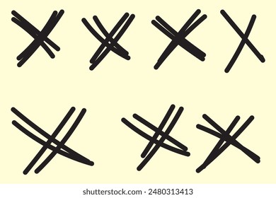 X scribble cross marks in black ink. Vector set of grunge error or cancellation symbols. Isolated rough, brush strokes, incorrect rejection icons, monochrome sketch cancellation or removal signs