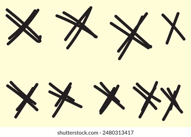 X scribble cross marks in black ink. Vector set of grunge error or cancellation symbols. Isolated rough, brush strokes, incorrect rejection icons, monochrome sketch cancellation or removal signs