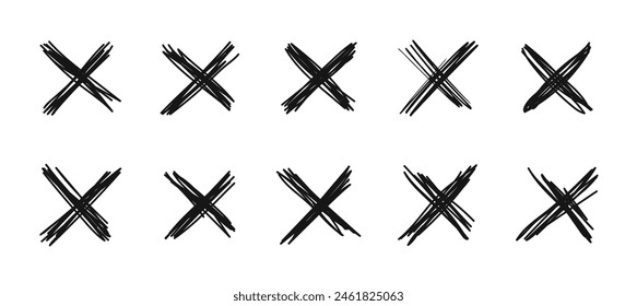 X-Kritzelei. Isolierte Vektorgrafik monochrome Kreuz-Symbole gesetzt. Doodle x Formen zur Darstellung von Irrtümern, Stornierungen oder informellen Anmerkungen in Skizzen, Notizen oder Zeichnungen. Schwarze Kritzelkreuze