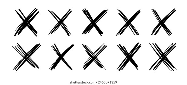 X garabatos de cruz dibujado a mano o marcador doodle y pincel de tinta trazo, iconos vectoriales. Marcas de X garabatos de la línea de boceto de lápiz de tinta para el voto de la casilla de verificación falsa, sin signo y con o símbolo de cancelación