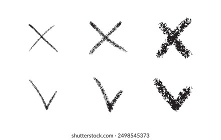 X scribble marks of cross. V scribble check marks. Hand drawn sketch or marker doodle and ink brush stroke. Vector icons. 