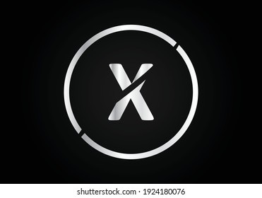 X silver Letter Logo Design with Circle Swoosh and silver Metal Texture.