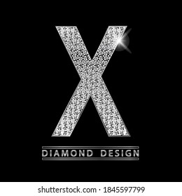 X silver shining Letter with diamonds vector illustration. White gems with light on metallic letter. Stylish luxury type logo for jewelry or casino business.
