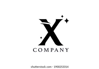 X simple black and white alphabet letter logo for company and corporate. Creative star design with swoosh. Can be used for a luxury brand or icon lettering