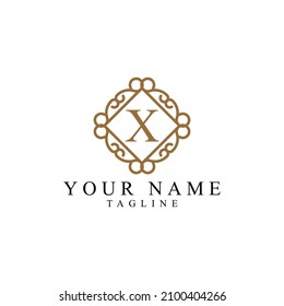 Logo de X simple letra en monograma dorado. Diseño de iconos creativos con marco de lujo para empresas y negocios