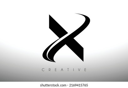 X Swoosh Letter Cut Logo Design with Black Swoosh and Creative Icon Logo Vector Illustration. Curved Swoosh Letter Idea. 