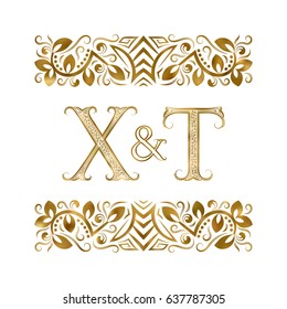 X and T initials vintage logo. The letters surrounded by ornamental elements. Wedding or business partners monogram in royal style.