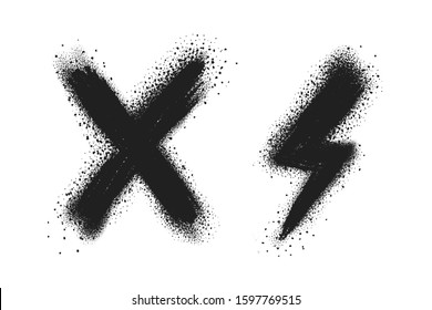 X and Thunder Symbol Spray Paint Vector Elements isolated on White Background, Lines and Drips Black ink splatters, Ink blots set, Street style.
