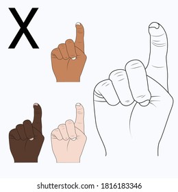 "X" is the twenty-fourth letter of the alphabet in sign language, English. Black and white drawing by hand and by skin tone. Vector illustration