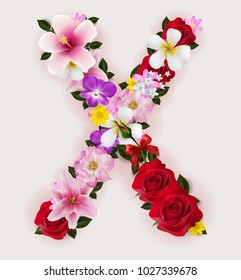 X, vector font with realistic of beautiful tropical flowers on background color.