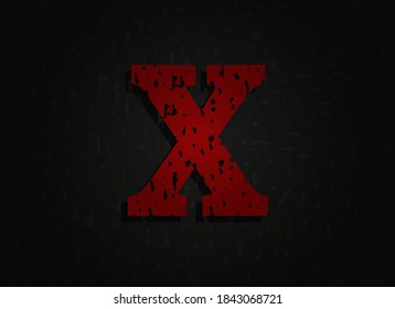 X vector red letter made of grunge texture. Insane Fear brutal font. Wicked night theme style design.  For logo, brand label, poster, design elements etc.   