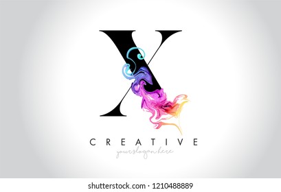 X Vibrant Creative Letter Logo Design with Colorful Smoke Ink Flowing Vector Illustration.