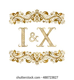 I and X vintage initials logo symbol. The letters are surrounded by ornamental elements. Wedding or business partners monogram in royal style.