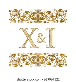 X and I vintage initials logo symbol. The letters are surrounded by ornamental elements. Wedding or business partners monogram in royal style.