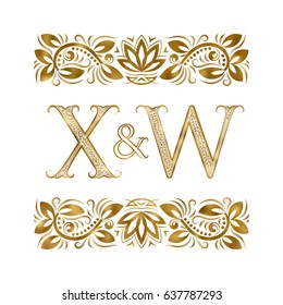 X and W initials vintage logo. The letters surrounded by ornamental elements. Wedding or business partners monogram in royal style.