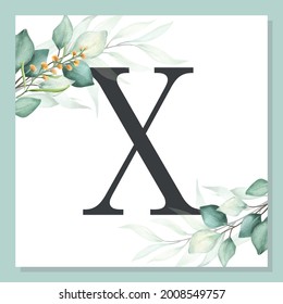 X - Watercolor delicate alphabet with green leaf.
