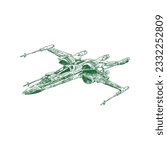 x wing Hand Drawing style illustration. line art drawing with green color.