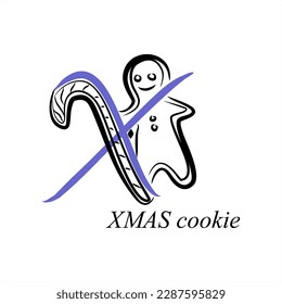 X - XMAS cookie. ABC with food. A series of letters A-Z. Images of food. Minimalism. Beautiful letters. Line drawing. logo design initial X combine with food. Restaurant, menu.