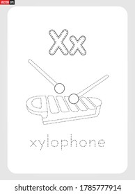 X for Xylophone Alphabet  with illustration for Tracing Worksheet, Exercises for kids 