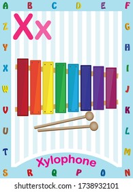 X for xylophone, childrens abcd text book vector illustration
