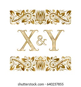 X and Y initials vintage logo. The letters surrounded by ornamental elements. Wedding or business partners monogram in royal style.