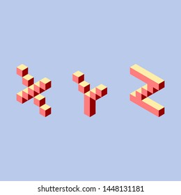 X, Y, Z letters 3 d pixel art set in isometric left. Red signs and letters on a light blue background. Vector illustration.